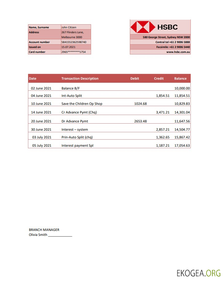 Modèle de relevé bancaire HSBC Australie au format Excel et PDF, entièrement modifiable